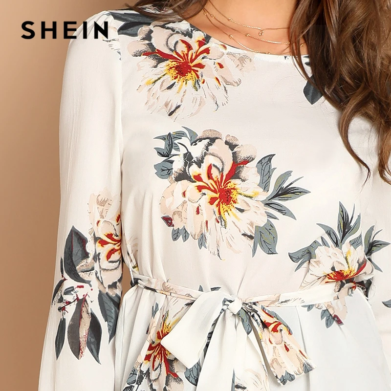 SHEIN белая блузка с цветочным принтом и поясом, пышные плечи, длинный рукав, круглый вырез, женская блуза, повседневная, весна, топы и блузки