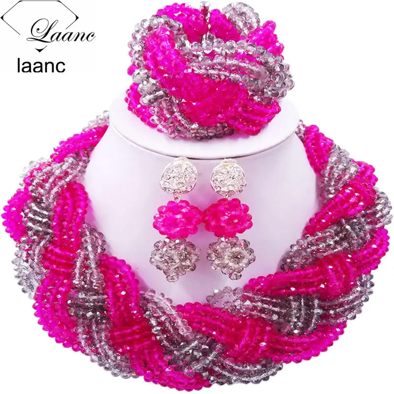 

12 Rows Romantic Fuchsia Pink Grey Nigerian Wedding African Beads Jewelry Set Crystal Plait Beaded Necklace 12BZ017