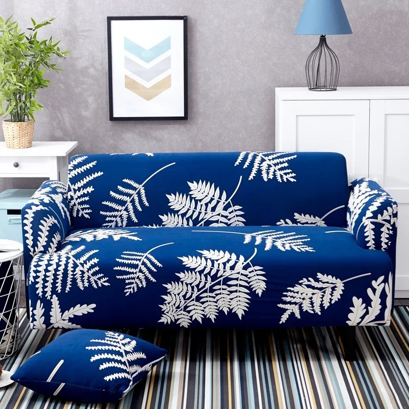 

Modern Spandex Sofa Cover Dancing Leaves Pattern Sectional Couch Cover All-inclusive Deep Blue Couch Cover Furniture Protector