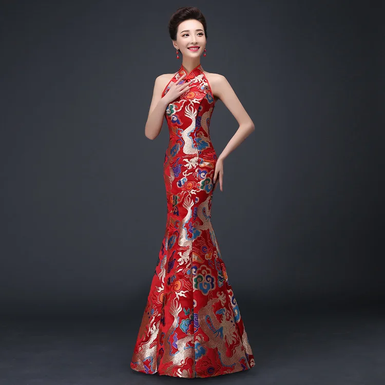 Китайское традиционное платье Красный Qipao Oriental вечернее для женщин спинки Cheongsam Восточно-китайское платье Chines длинные Qi Pao QL