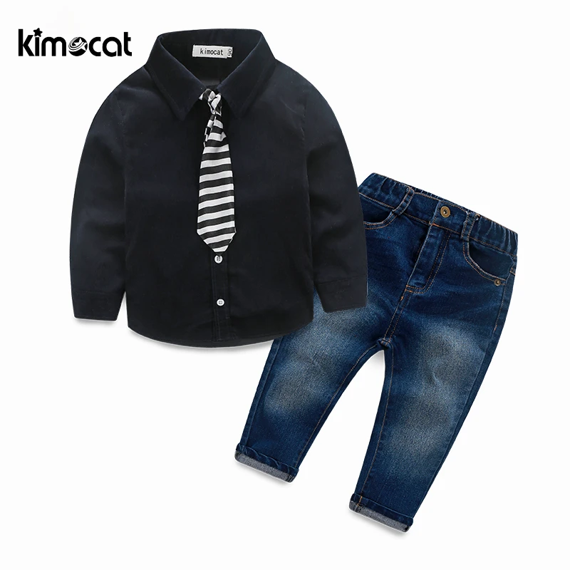 Kimocat/комплект из 2 предметов на весну и осень для мальчиков, рубашка+ джинсы для джентльменов в английском стиле, детская одежда для маленьких мальчиков с галстуком