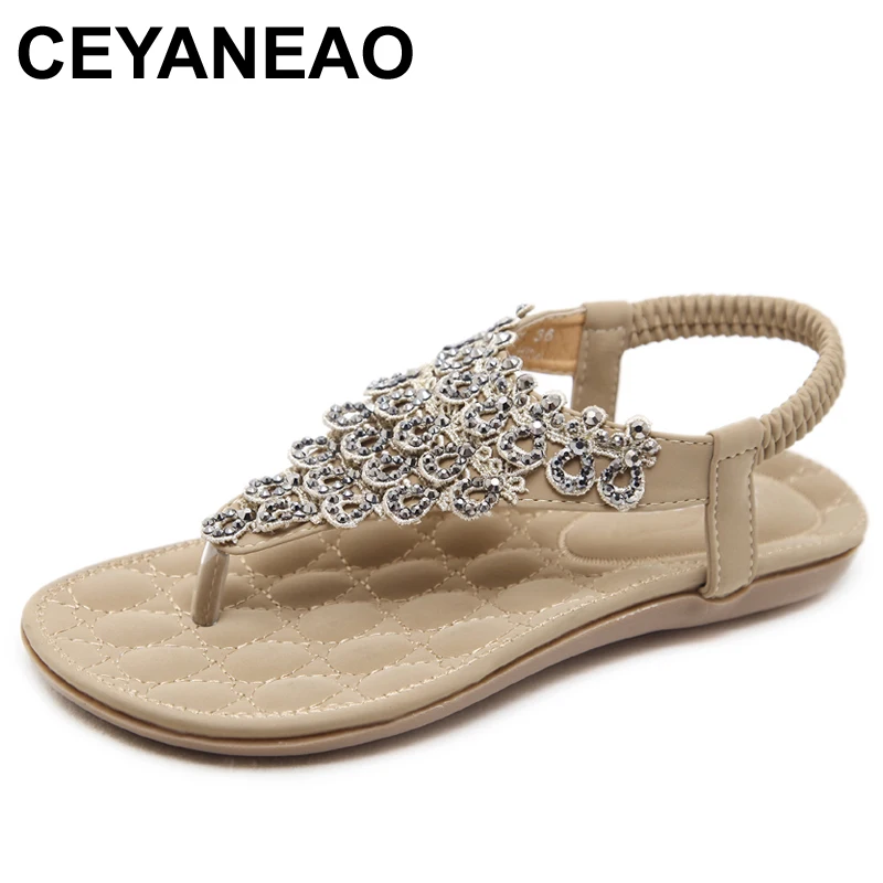 

CEYANEAO Women Bohemian Ethnic Crystal Rhinestone Flat Sandals Roman Gladiator Flip Flops Petal Flower Shoes Girl Wedding shoes