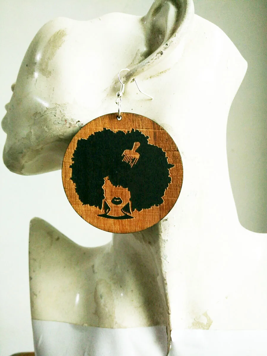 

1 pair 2.17 Fashion afro girl natural hair pick silhouette wooden earrings K-050
