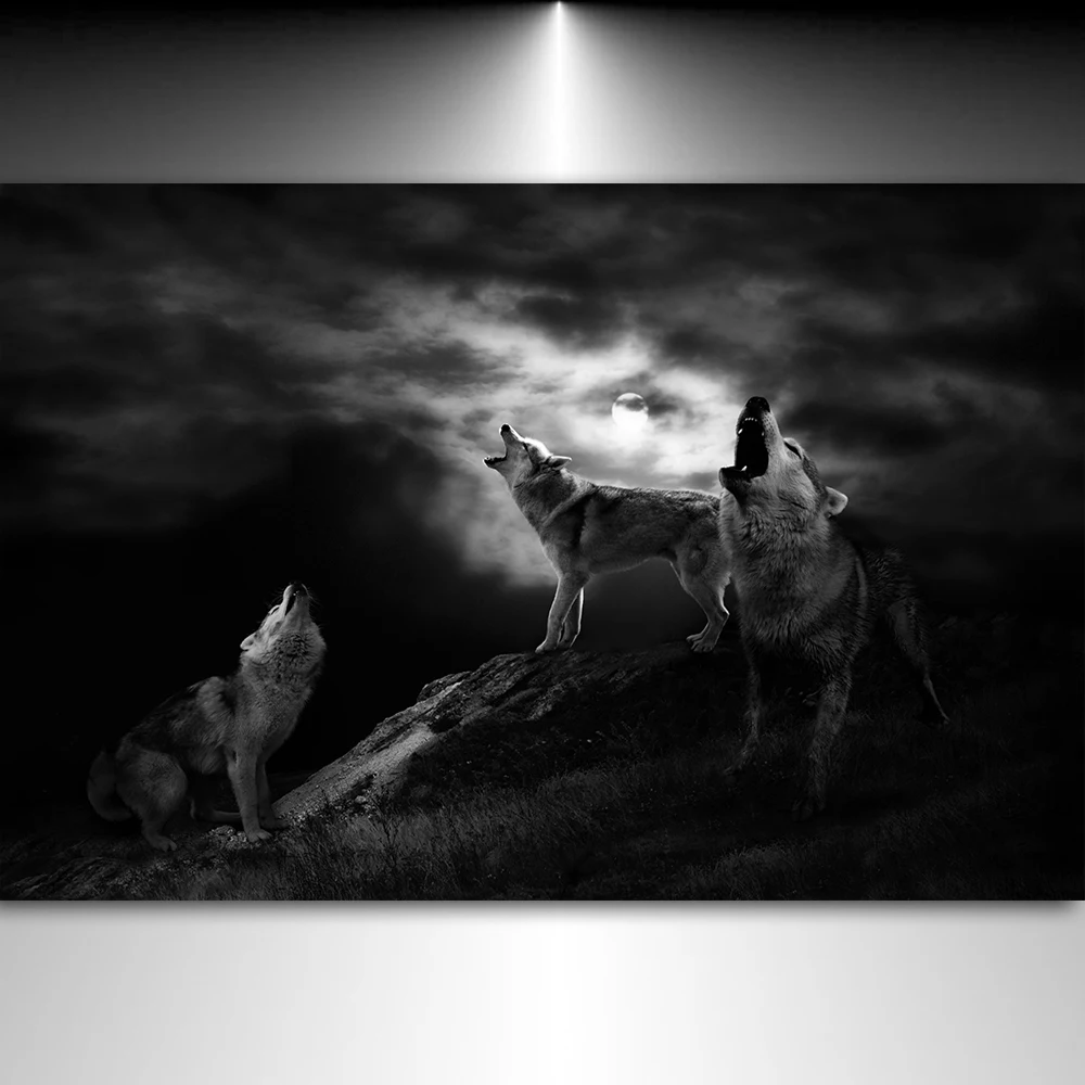 Abstract Animals Canva Prints Wall Art Black a pack of wolves on a dark