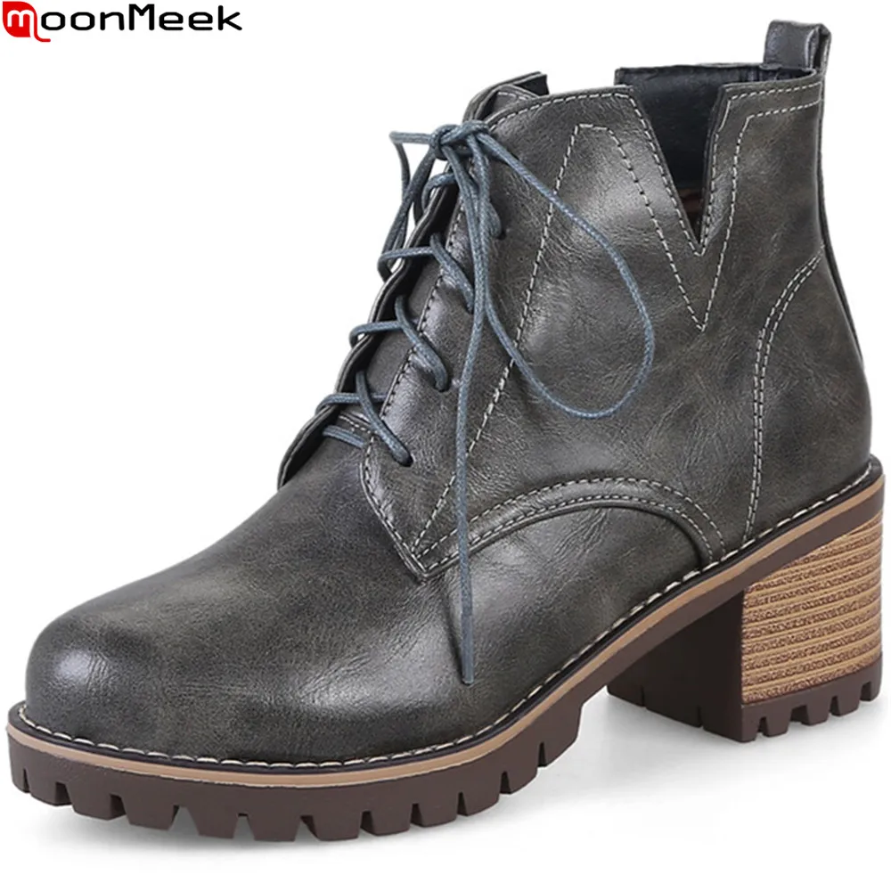 

MoonMeek fashion autumn winter new arrive women boots round toe lace up ladies boots square heel gray brown ankle boots big size