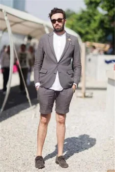 

New Custom Made Grey Linen Summer Suit With Short Pant For Men 2pieces(Jacket+Pants) Latest Coat Pant Designs Groom Blazer