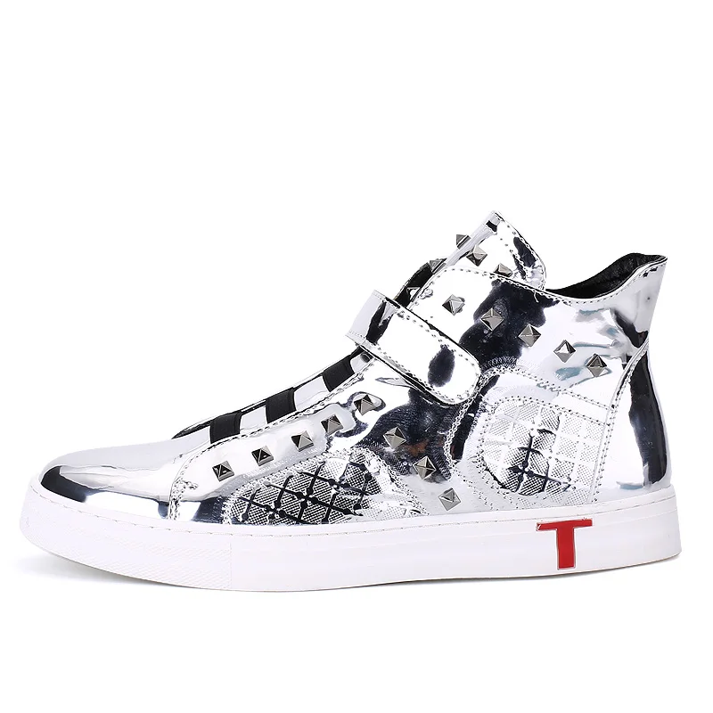 

Male Reflective Belt Rivet High-top Shoes Autumn Shoes Old Abbot Net Red With High Waist Boots Bright Leather Silver Night Field