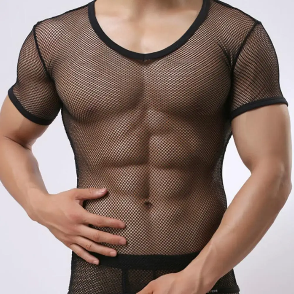 

New Sexy Men Mesh See Through T-Shirt Fishnet Clubwear Short Sleeve Top Undershirt