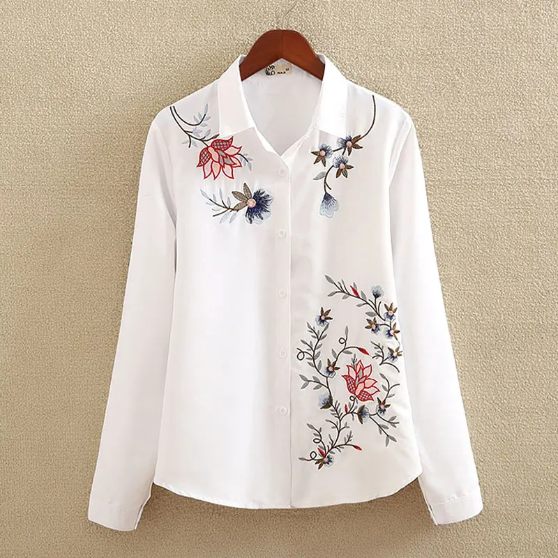 Nvyou gou, Цветочная вышивка, блузка, рубашка, женские тонкие белые топы, длинный рукав, блузки, женские офисные рубашки размера плюс - Цвет: white