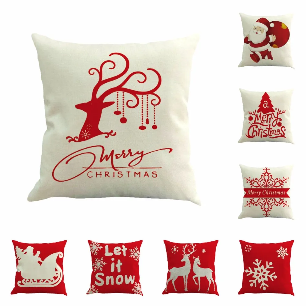 

WHISM Santa Claus Deer Snowflake Series Linen Blend Pillowcase Cushion Fabric Home Sofa Christmas Decoration Red Pillow Cover