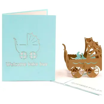 

Hot sale 3D Baby in pram Card Pop up Birthday Card Baby Gift Handmade Kirigami Paper Art Blank 3D Greeting Card(Baby Boy)