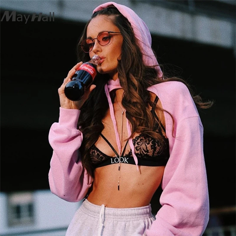 

MayHall Sexy Solid Loose Short Sweatshirt Long Sleeve Hoodies Women Hollow Out Streetwear Drawstring moletom feminino MH333