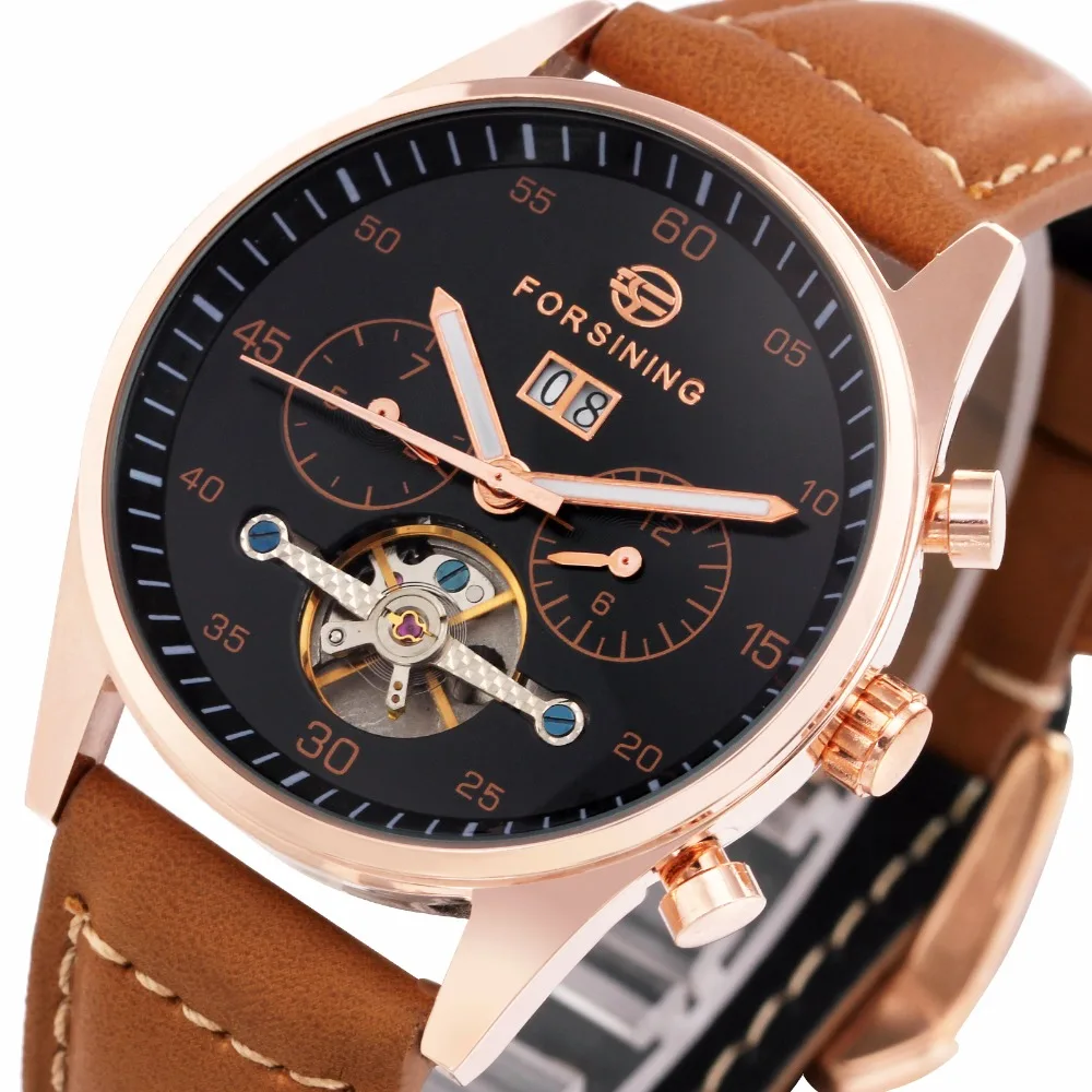 

2019 Top Brand Men Automatic Mechanical Watch Luminous Hands Tourbillon Wristwatch Brown Leather Strap Date Day Display +BOX