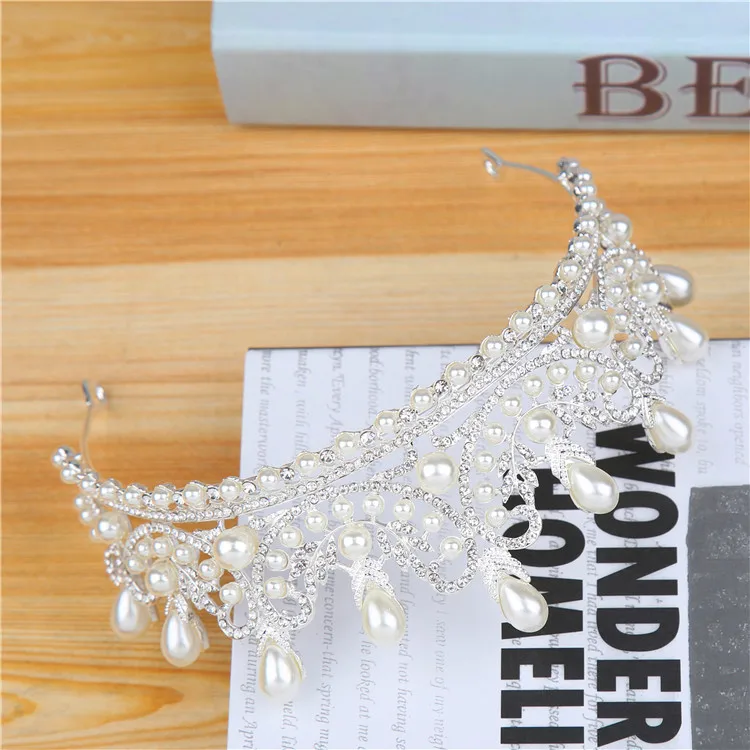 Faux Pearl Wedding Bridal Tiara Crown Little Girls Princess Crystal Rhinestones Exquisite Headband Birthday Tiaras, Silver (7)