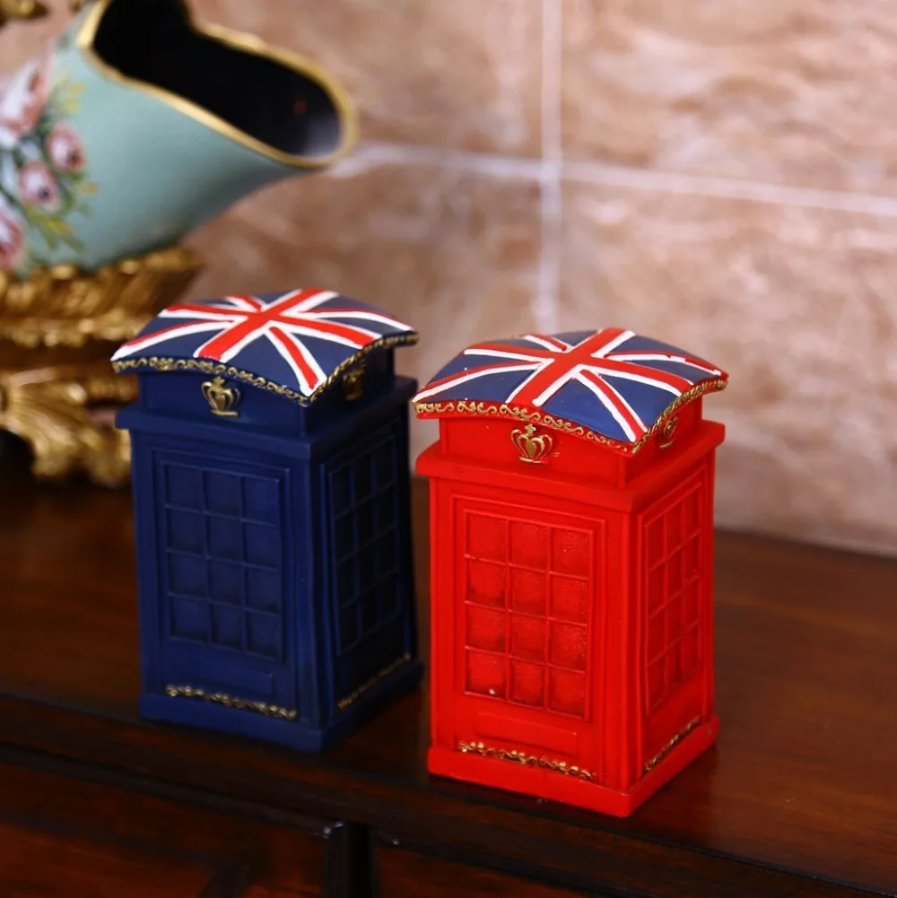 

AIBEI-British Style Resin Save Money Coin Piggy 1PC ZAKKA London Street Red/BlueTelephone Booth Bank Souvenir Model Box Jar