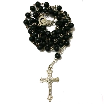 

12pcs/lot mix colors Saint benedict Rosary Cross necklace Black wood beads large crucifix St benedict medal free ePacket ship