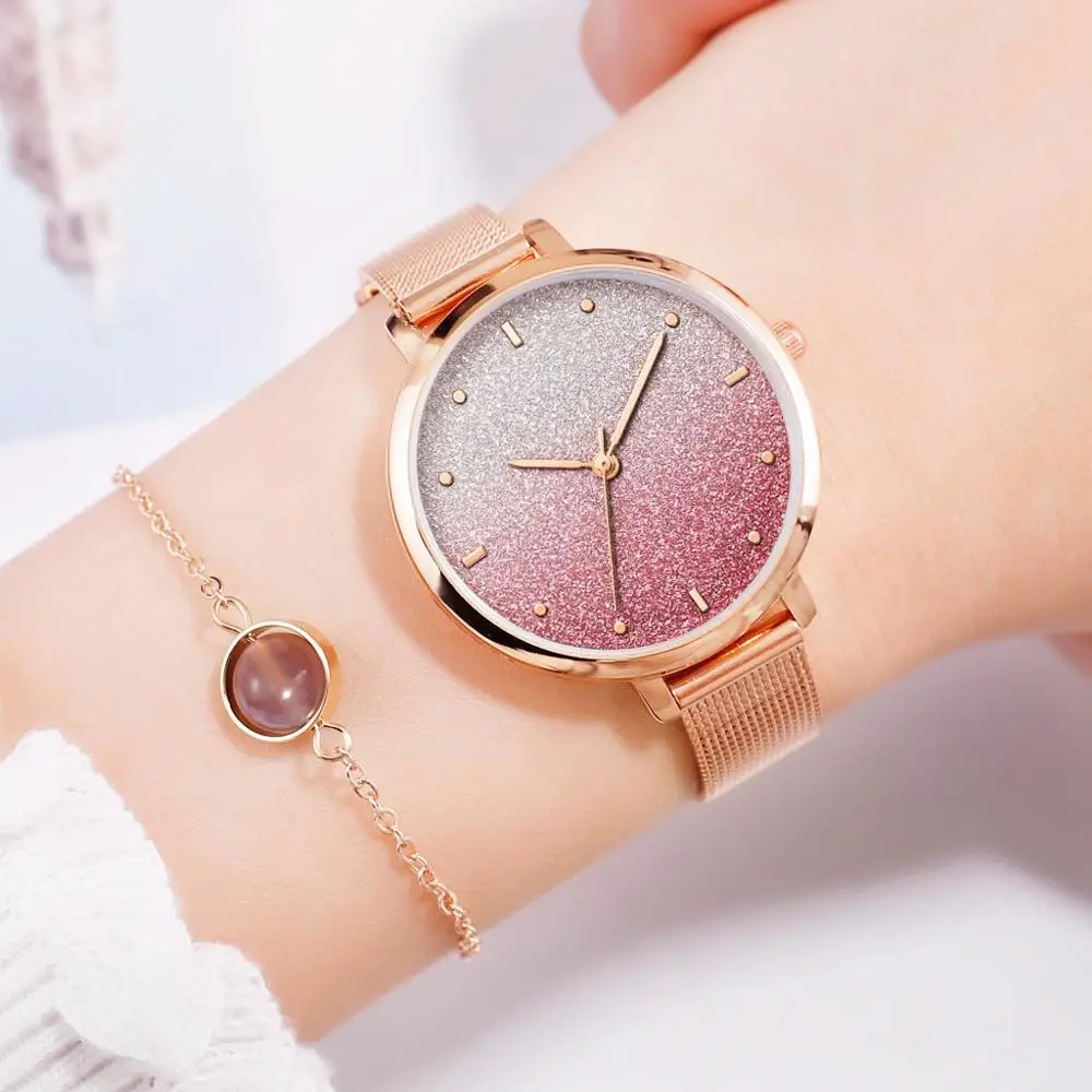 

Women's Watches Pink Dial Retro Gradient Rainbow Leather Watch Casual Ladies Quartz Watches Luxury Wristwatch Relogio Feminino