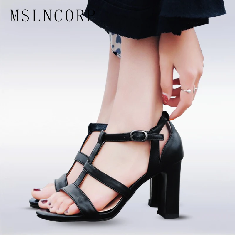 

plus size 34-43 New Fashion women sandals summer shoes high heel T strap dress party OL sexy Square Heels Ladies Elegant Sandal