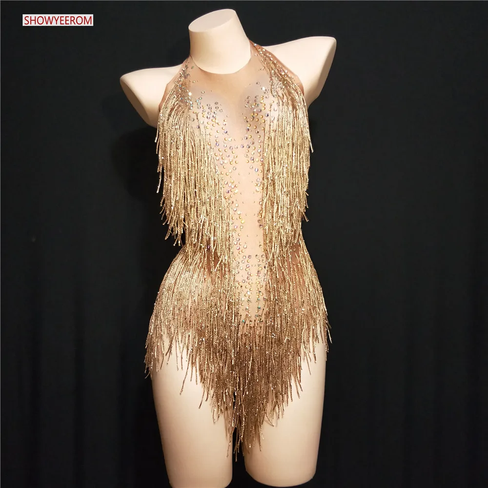 

Sparkly Gold Tassel Bodysuit Rhinestones Outfit Glisten Beads Costume One-piece Dance Wear Singer Stage Leotard Headdress