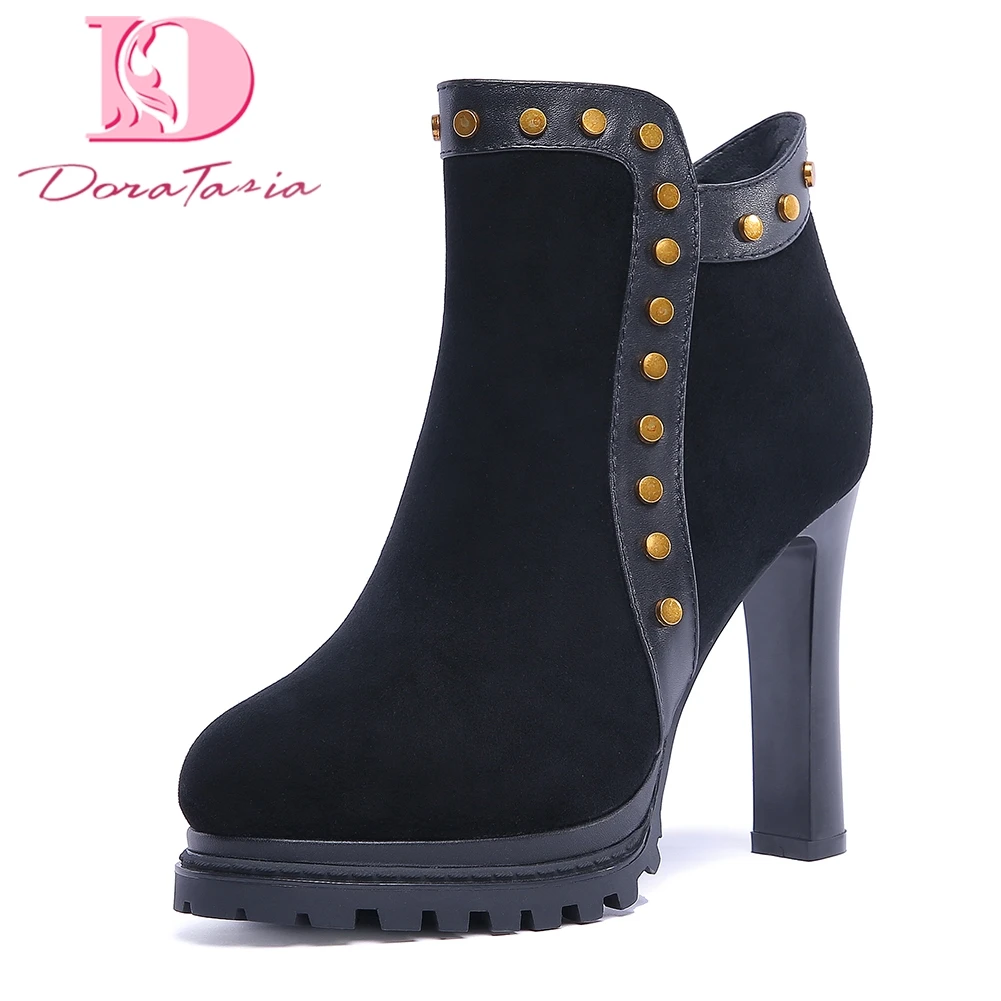

DoraTasia 2018 Cow Suede leather Hot Sale Wholesale Women Boots Woman Shoes Black high Heels Shoes Woman Ankle Boots