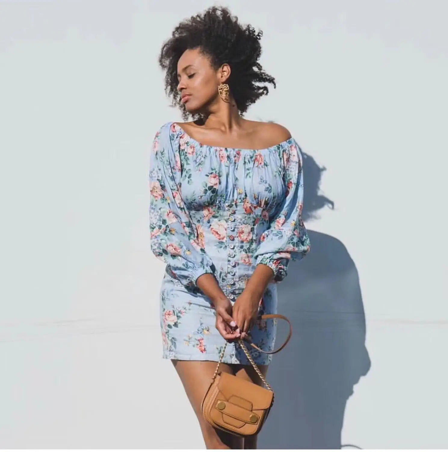 

Blue Floral Print Linen Mini dress Off the shoulder Long Puff Sleeves Front Buttons Detail Woman high quality dress