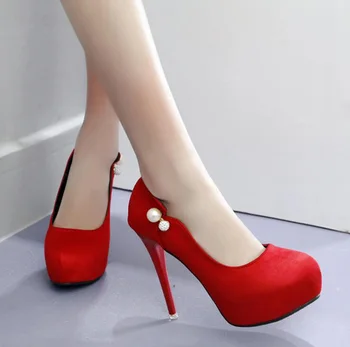 

2019 Spring New 12cm Super High Heel Women's Red Wedding Shoes Waterproof Platform Fashion Pearl Thin Heel Single Shoes Lady