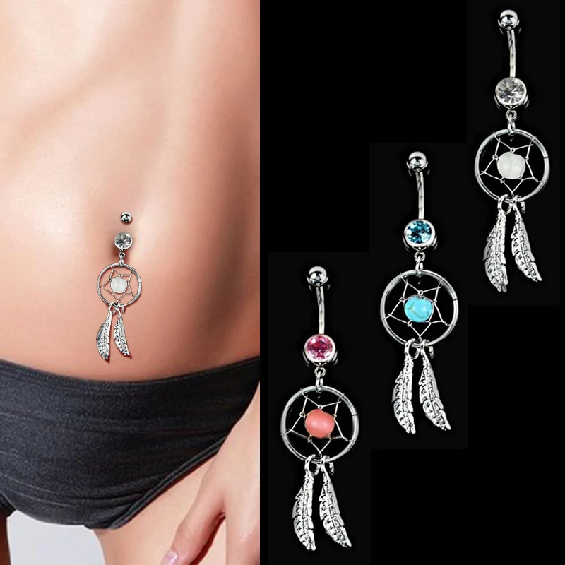 1pcs Colorful Crystal 3 Styles Dangle Stainless Steel Dream Catcher Belly Button Ring navel piercing jewelry