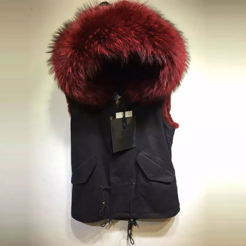 Cheap Black Short sleeveless vest jacket faux fur wine red lining with big collar free shipping