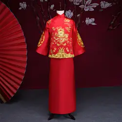 Мужской красный cheongsam тост костюмы Женихи платье куртка длинное Традиционный китайский стиль Свадебные Qipao для мужчин вышивка Тан костюм