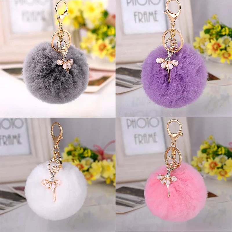 

Korea Creative Cute Rhinestone Angel Car Keychain Female Bag Pendant Plush Rex Rabbit Hair Ball Key Chain Pendant