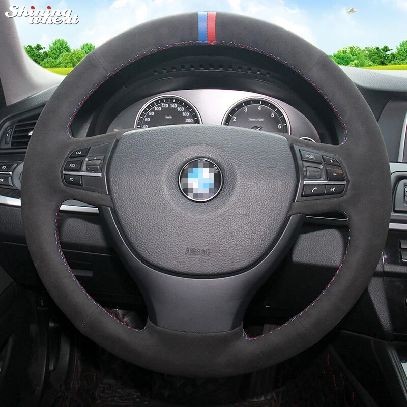 cheap Shining wheat Black Suede Hand stitched Car Steering Wheel Cover for BMW F10 523Li 525Li 2009 730Li 740Li 750Li