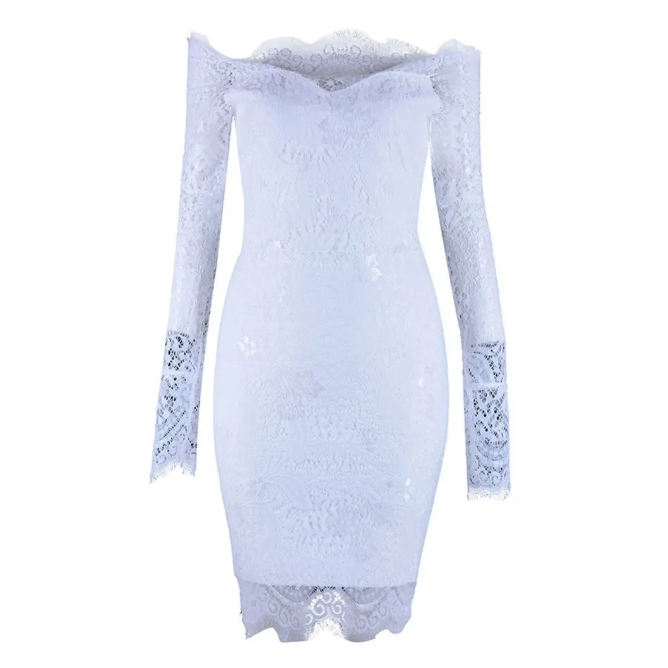 Новейшее платье для женщин знаменитостей вечерние белые с длинным рукавом с открытыми плечами сексуальное кружевное платье женские платья оптом - Цвет: Белый