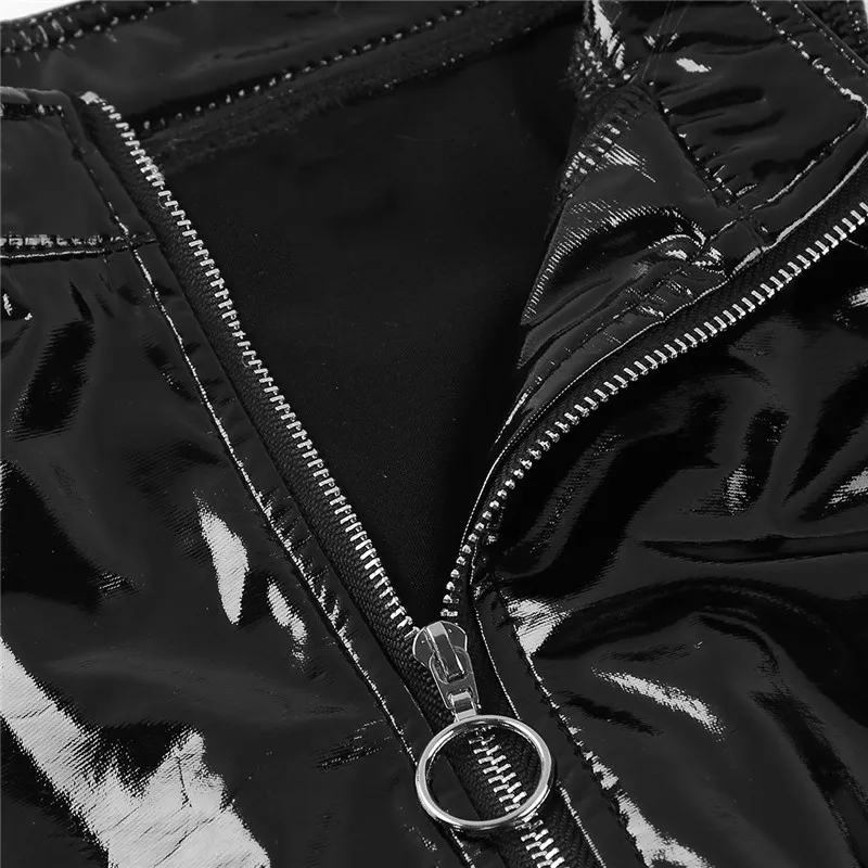 TiaoBug женский черный модный топ из лакированной кожи, без рукавов, с воротником-стойкой, на молнии, панковские Короткие топы, сексуальные женские клубные Топы