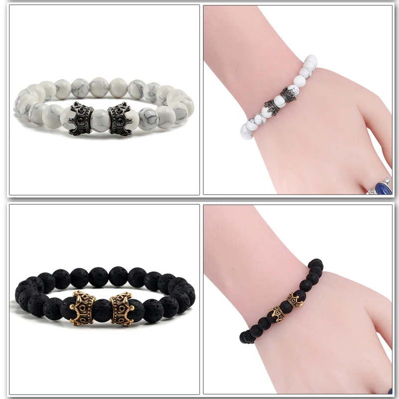 Pulsera de Lava negra para hombre y mujer, brazalete hecho a mano con cuentas de piedra Natural, Color dorado, doble corona, joyería para pareja