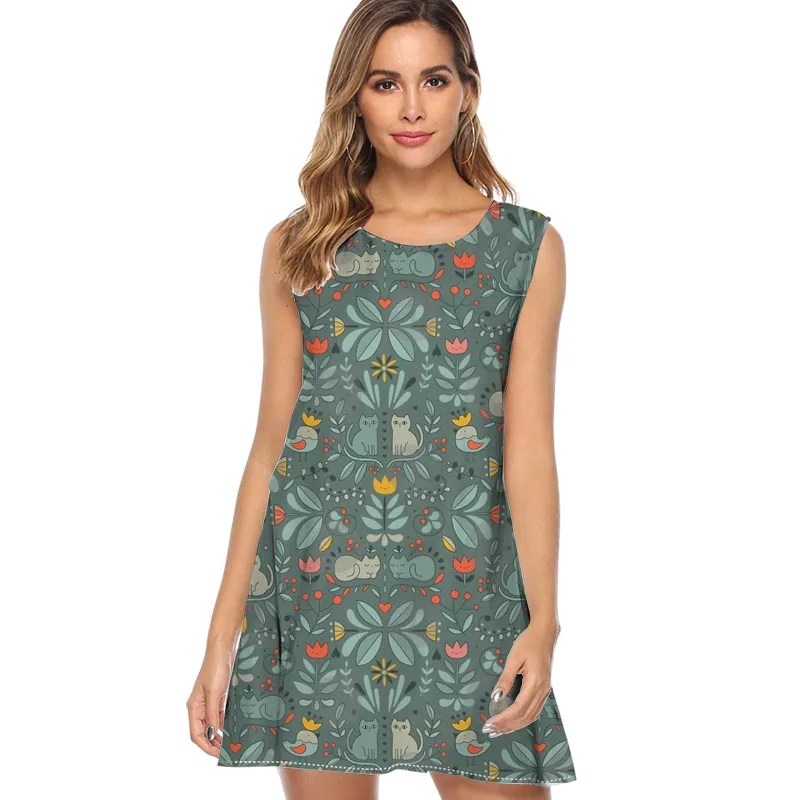 

Swedish Folk Cats Print Dress Women new fashion Sleeveless O neck Casual Dress A line Mini Chiffon Summer cute women dress