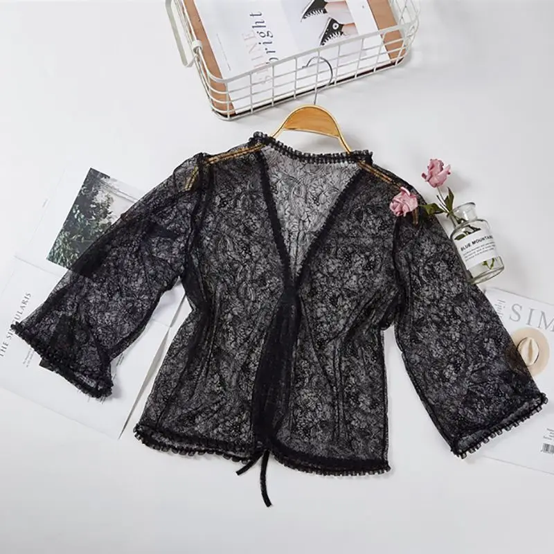 

2019 New Summer Loose cape femme Lace Outer Seven-point Sleeves Women Solid Color Openwork Cardigan Lace Shawl