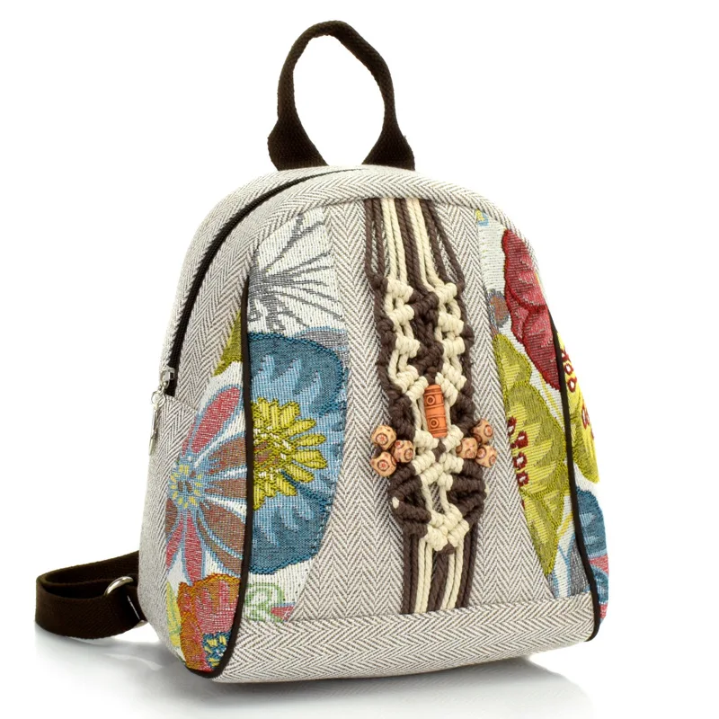 2021 New Retro Woman Backpack Female Shoulder Bag Pure Hand-woven Cotton Linen Small Rucksack Ancient Bag Student School Bags