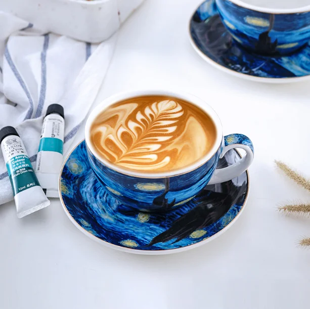 

Van Gogh Ceramic Starry Night Retro Bone China Teacup Afternoon Tea Cup Latte Cappuccino Cup Mugs European Style DrinkwareLFB856