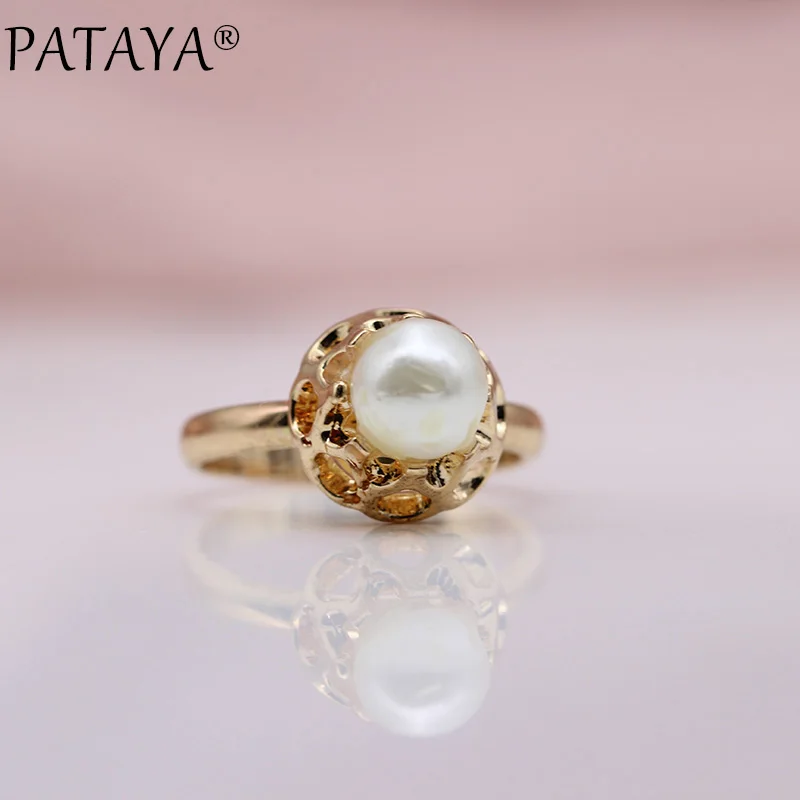 

PATAYA New Special Offer 585 Rose Gold Rings Round Imitation Pearls Hollow Engraved Women Wedding Party Jewelry Girl Cute Gift