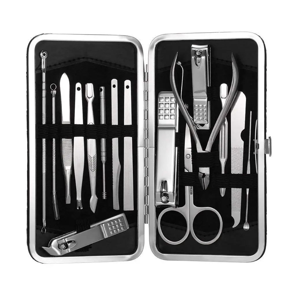 

16 Pcs Set of Manicure Pedicure in Stainless Steel Nail Clipper Cutter Twishis with scissors earpick Blackhead Needles PU bag