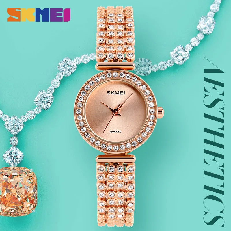 

SKMEI Women Fashion Watches Luxury Brand Rhinestones Rose Gold Casual Watch Waterproof Quartz Wristwatches Relogio Feminino 1224
