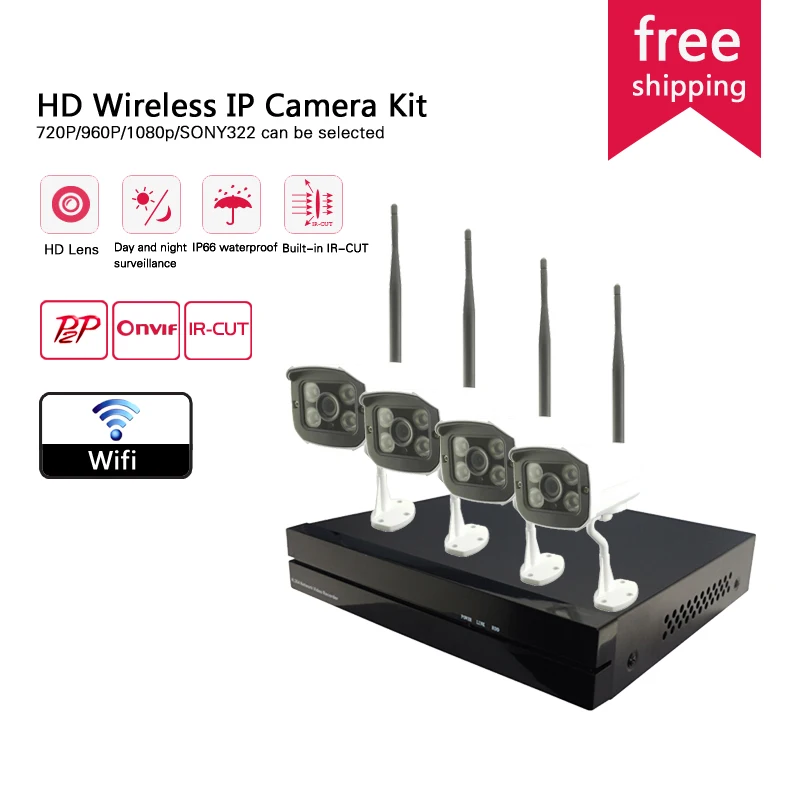 Sony 322 Wireless Surveillance Camera Kit 4pcs 1080p Bullet Weather p2p With 4ch 1080p NVR IP Camera Wifi Kit CCTV System Kit