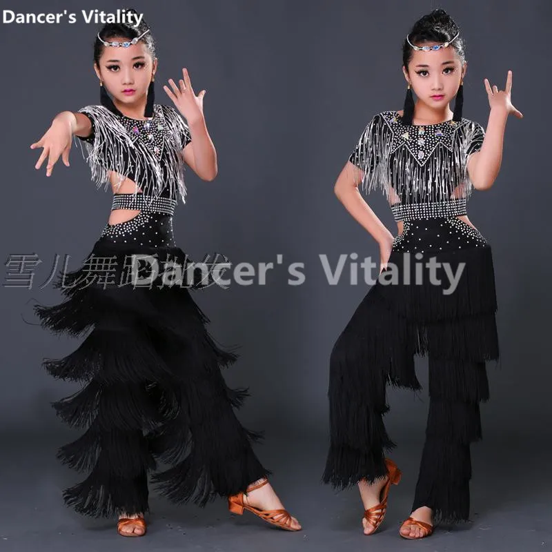 

2017 Child Latin Dance Dresses Kids Ballroom Dance Costume Girl Top diamond tassel Modern Dance Dress Women Dance dress