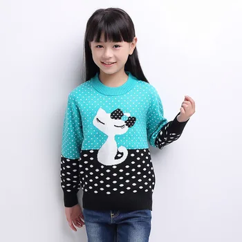 

Girl's Sweater 2016 Children New Sweater Cuhk Knitting Round Collar Cat Line Unlined Upper Garment Girls Sweater