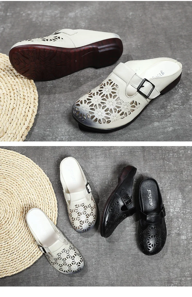 Летние сандалии baotou/Новые кожаные мягкие женские шлепанцы на низком каблуке; модные сандалии в стиле ретро; сплошной цвет дышащий; повседневная женская обувь