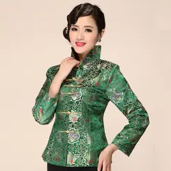 Высокое качество Зеленый китайский Для женщин традиционные атласная куртка классический элегантный тонкий пальто цветок пиджаки Размеры