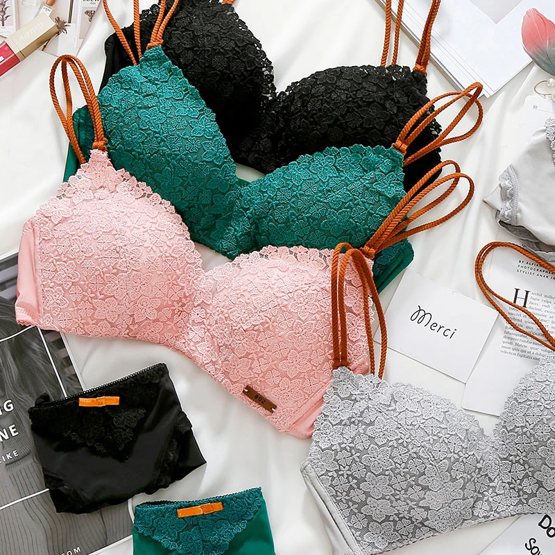 Cotton comfortable lingerie sets wireless bralette lace bra set sexy ...