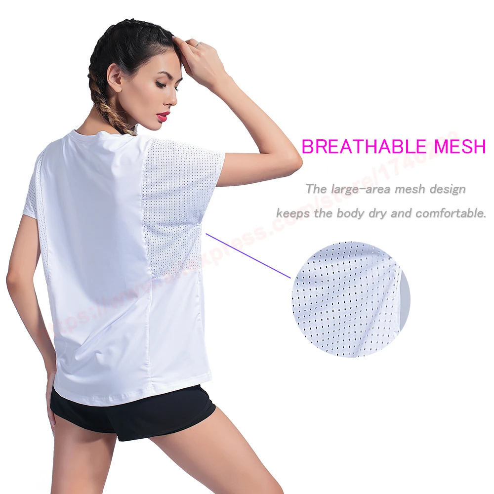 Running Patchwork Shirts Mesh Yoga Fitness Shirts Loose Workout Tee Breathable Women Sport Shirts Causal Short Sleeve