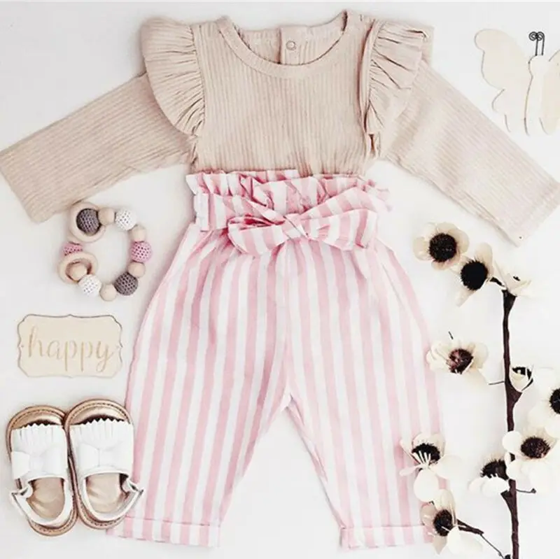 Cute Newborn Infant Baby Girl Sweet Outfit Clothes Ruffle Long Sleeve Romper Bow Tie Striped Pants Trousers Clothes Set