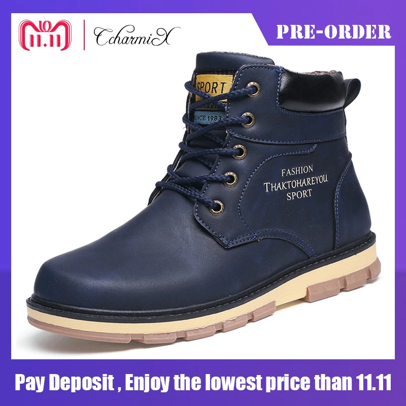 

CcharmiX Snow Men Boots Pu High Quality Winter Working Men Boots Lace Up Waterproof Warm Fur Ankle Boot Man Shoes Big Size 39-46
